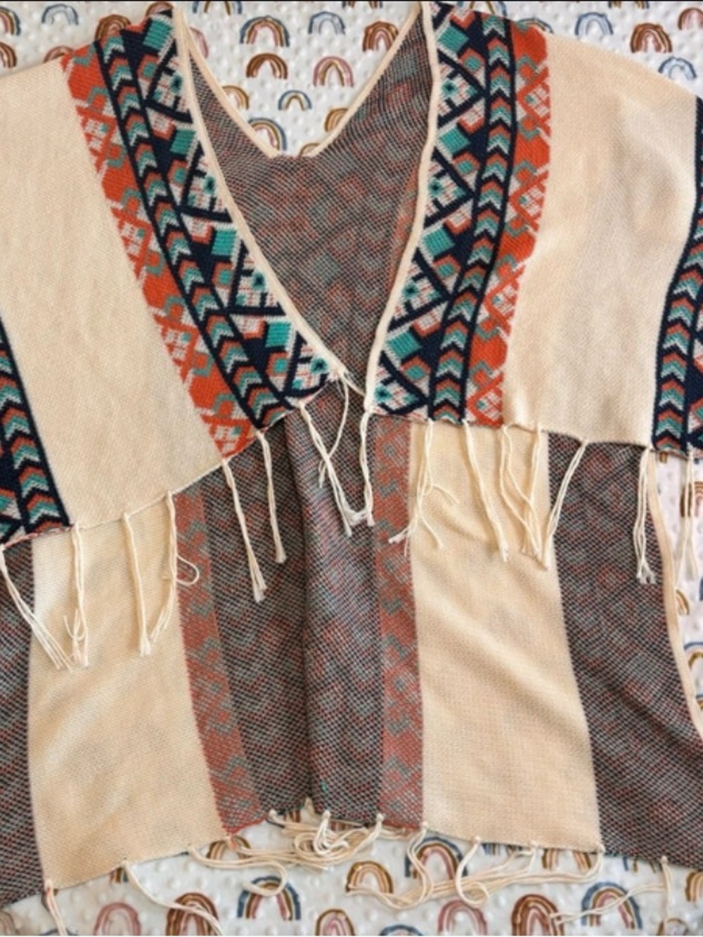 Boho Fringe V-Neck Sweater Poncho Cream Teal Geometric OSFM Southwestern
